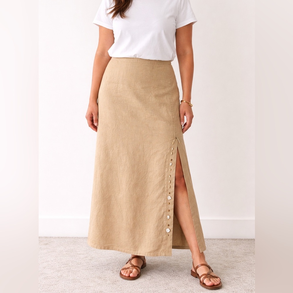Cavita 100% Linen Beaded Seashell Maxi Skirt Size 18 Khaki Tan A-Line Side Slit - Picture 14 of 14